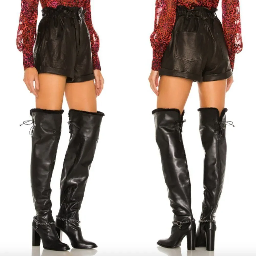 NWT Dundas x Revolve black leather shearling lace up thigh high Kate boots